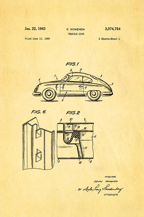 Car Photograph - Komenda Porsche Vehicle Door Design Patent Art 1963 by Ian Monk