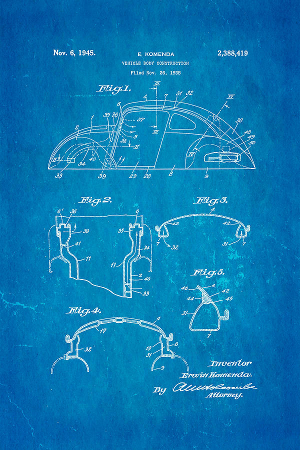 Car Photograph - Komenda VW Beetle Body Design Patent Art 1945 Blueprint by Ian Monk
