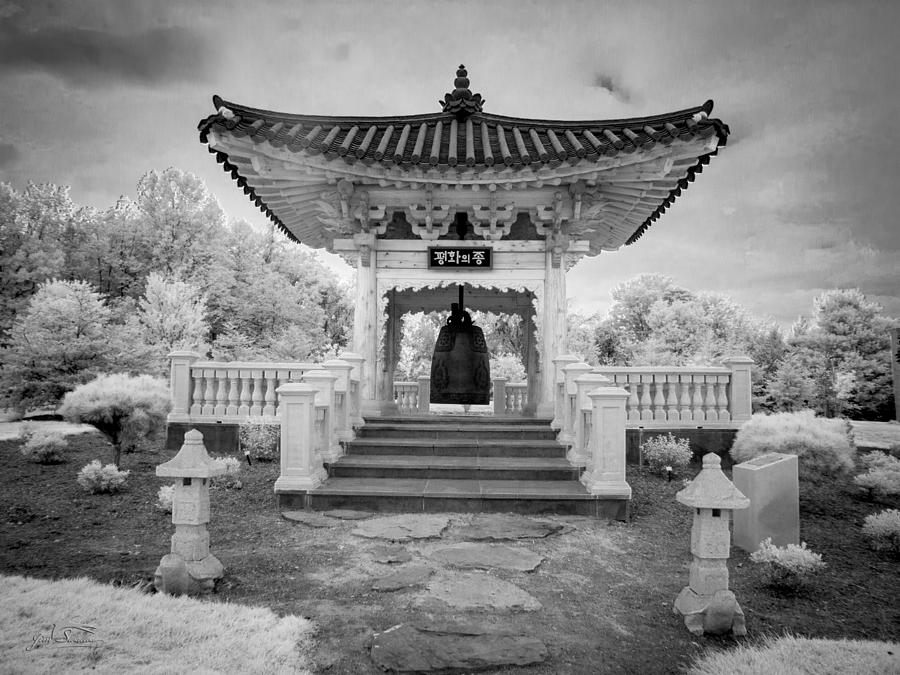 Black And White Photograph - Korean Pagoda in Botanical Gardens in Virginia by Jim Swallow