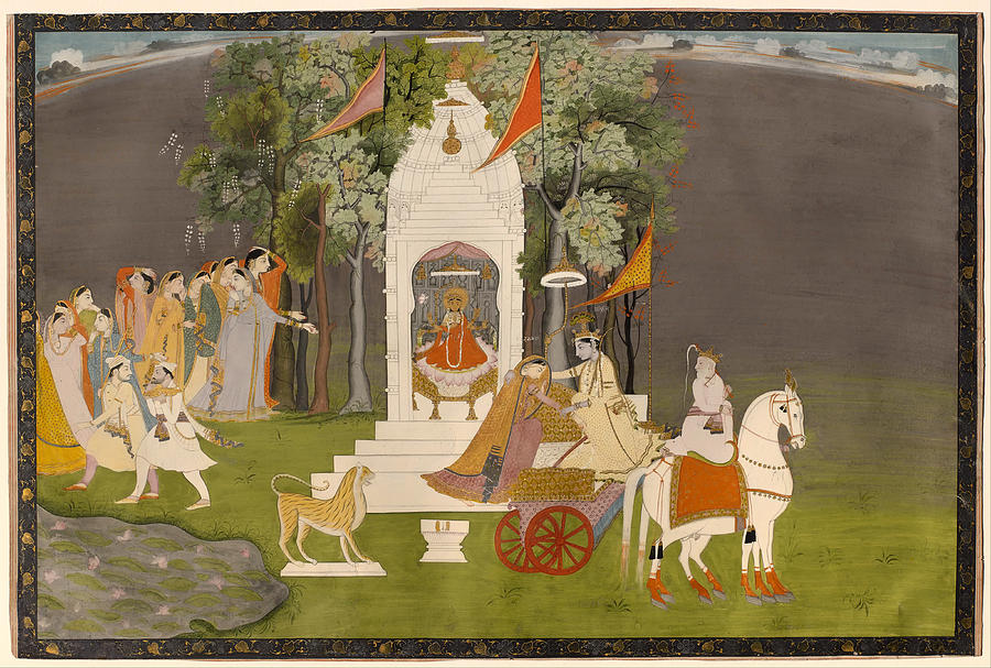 Horse Painting - Krishna Abducting Rukmani from the Temple by Mountain Dreams
