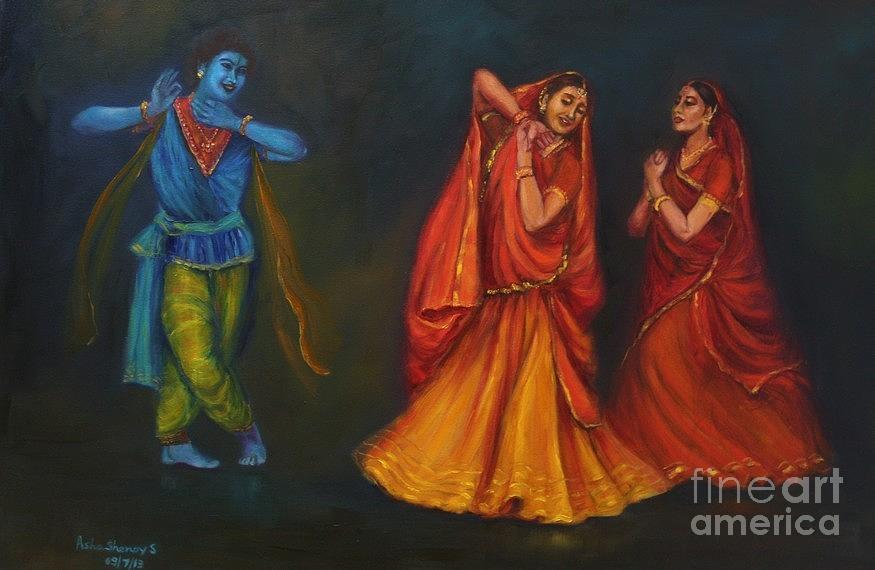 Krishna appears to the Gopis Painting by Asha Sudhaker Shenoy