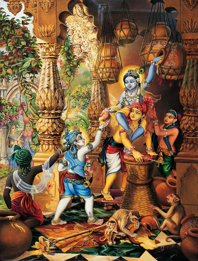 Parrot Painting - Krishna Balaram stealing butter by Vrindavan Das