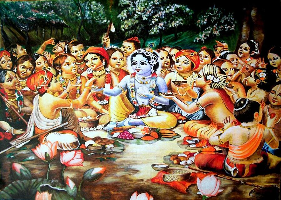 Krishna feeding Painting by Vipin Ks