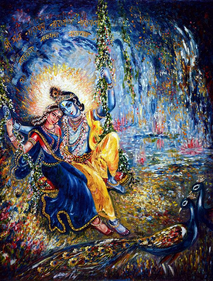 Peacock Painting - Krishna leela by Harsh Malik