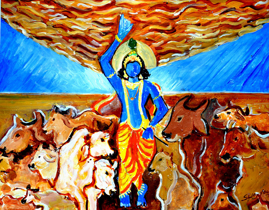 Portrait Painting - Krishna Lifting Govardhan Hill by Anand Swaroop Manchiraju