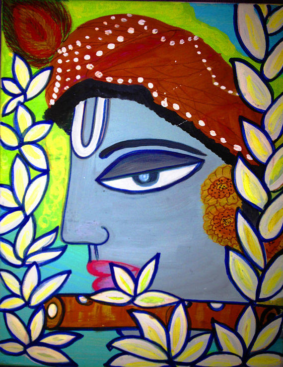 Krishna Playing Flute Painting by Madhuri Krishna