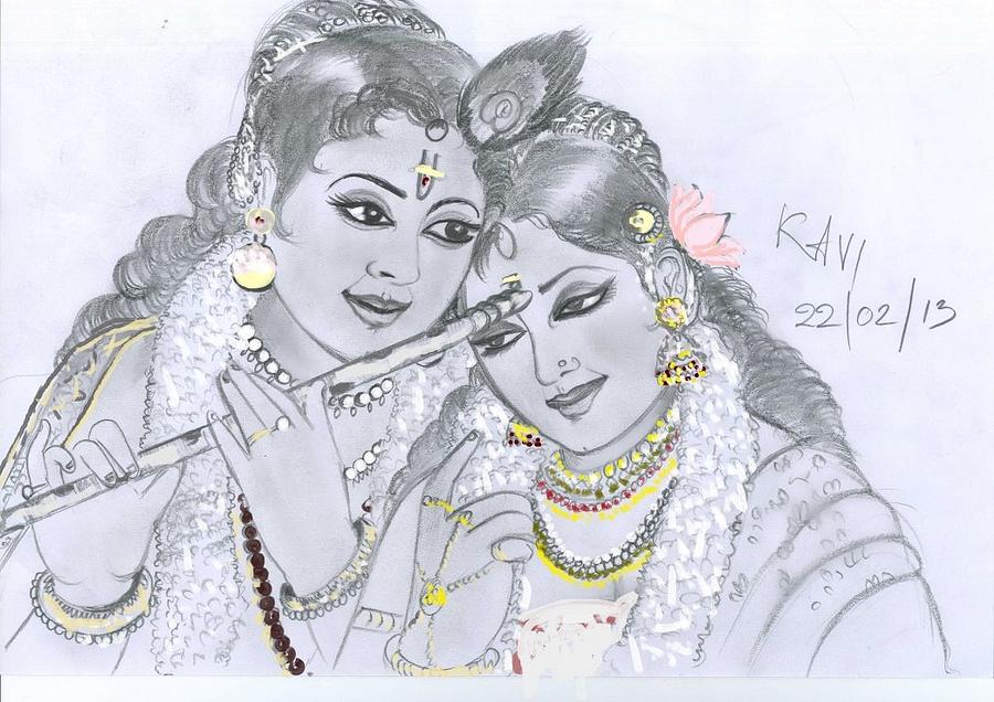 Krishna Radha Drawing by Kaveind Kavi Mk