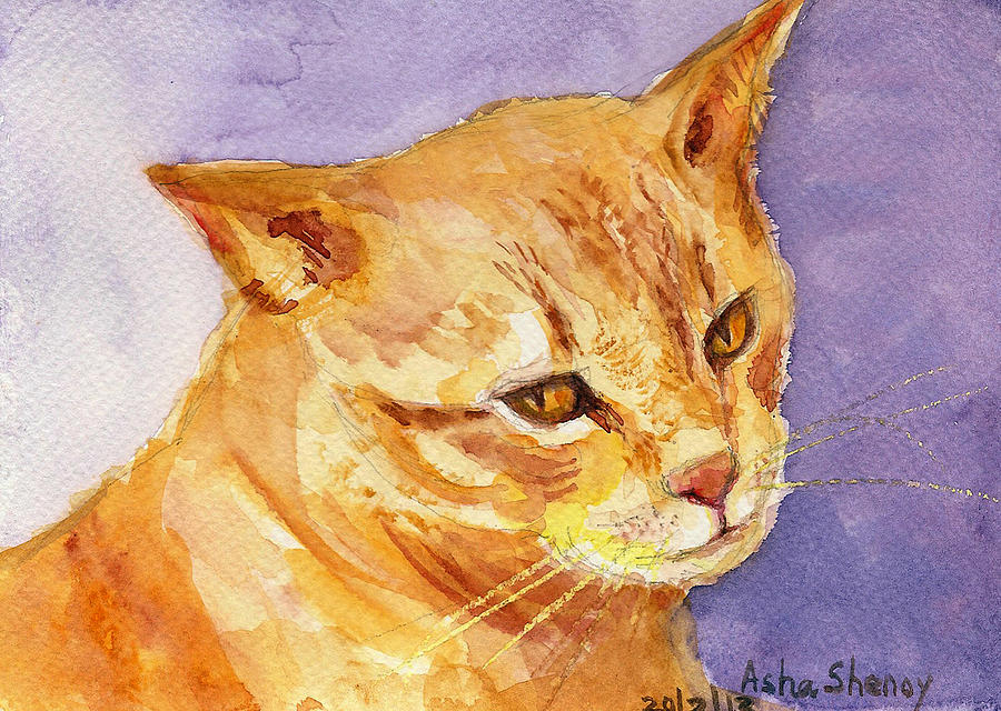 Krishna the pet cat Painting by Asha Sudhaker Shenoy