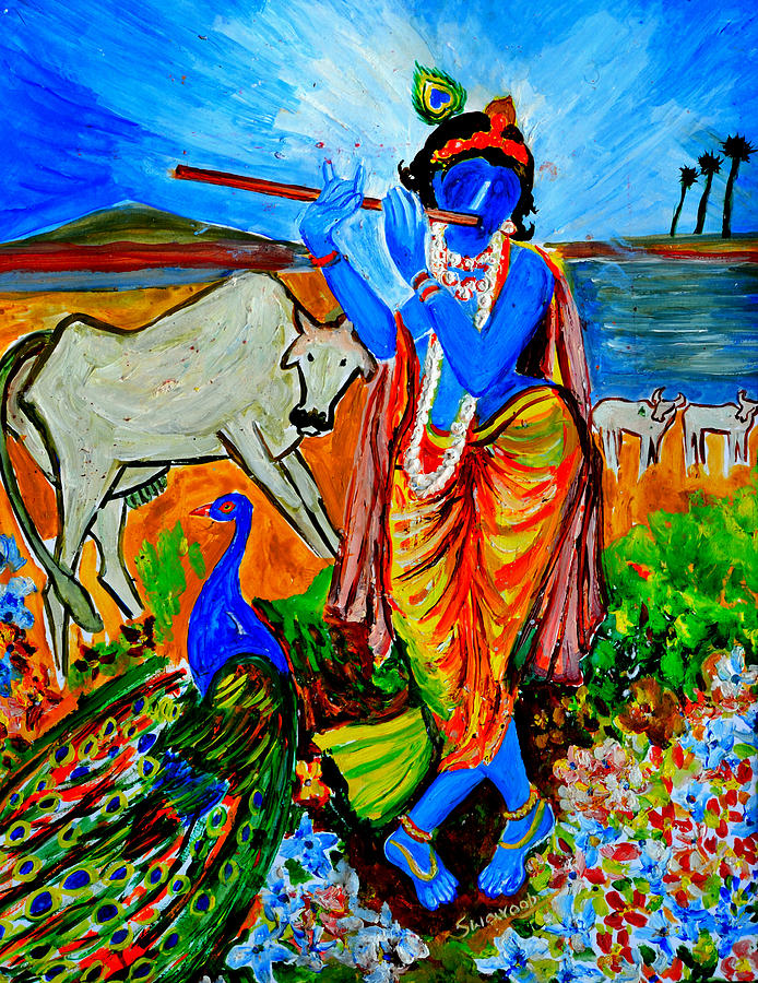 Krishna with cow Painting by Anand Swaroop Manchiraju