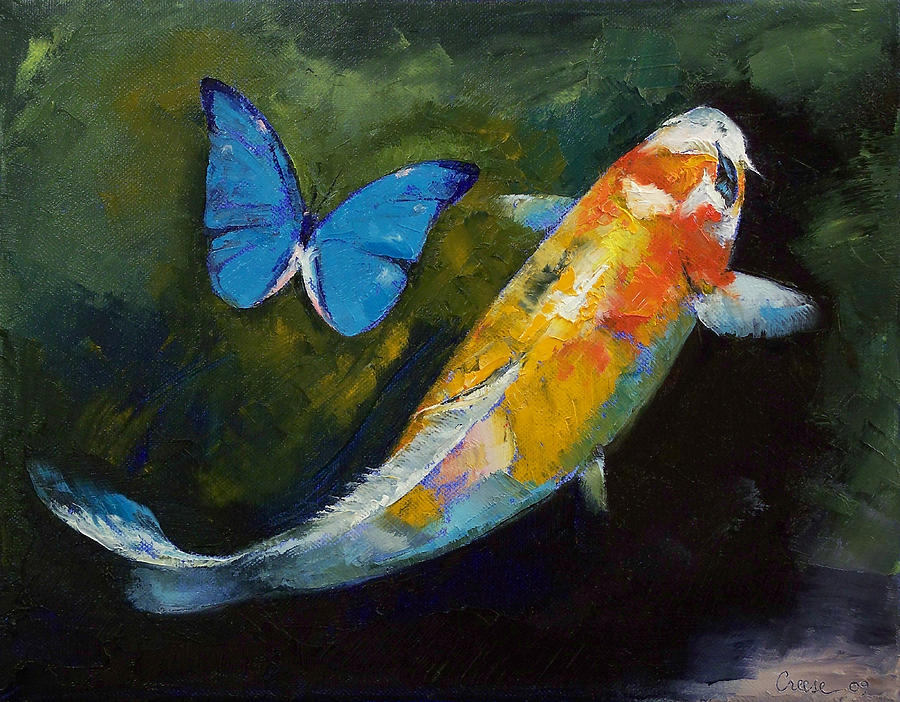 Kujaku Koi and Butterfly Painting by Michael Creese