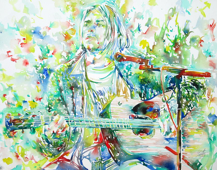 KURT COBAIN playing the guitar - watercolor portrait Painting by Fabrizio Cassetta