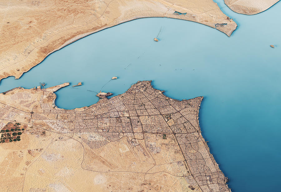 Kuwait City 3D Render Satellite View Topographic Map Horizontal Photograph by FrankRamspott