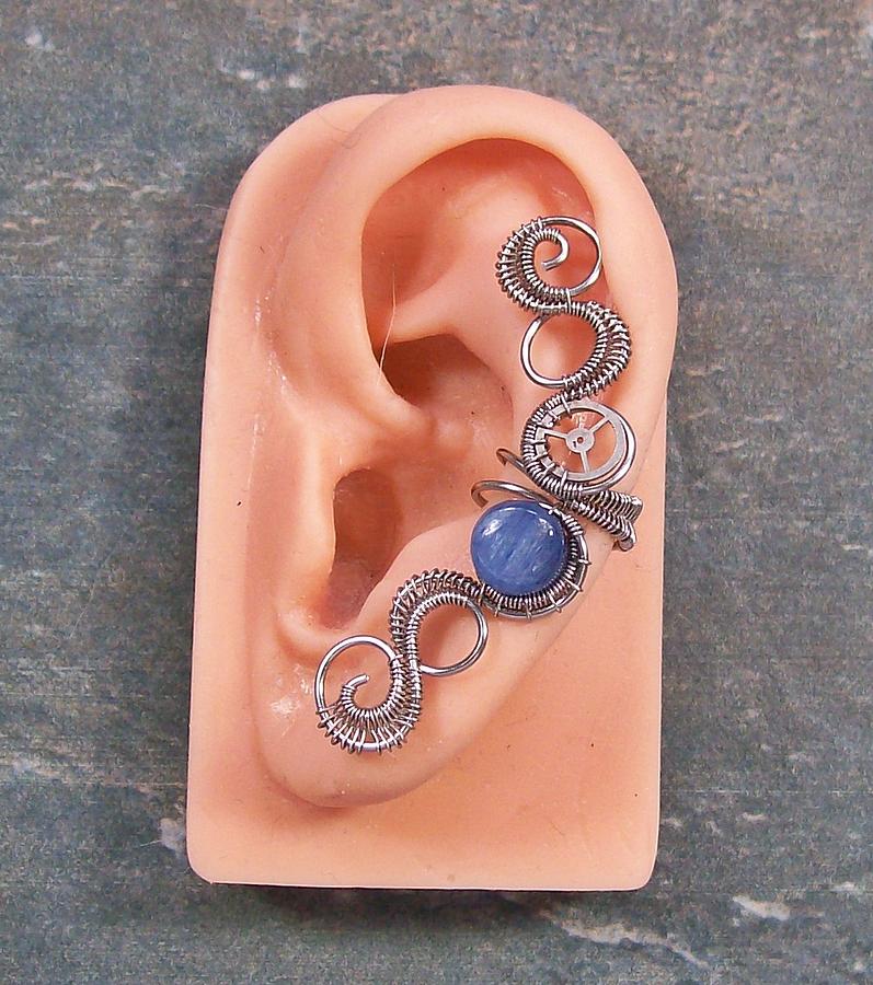Watch Still Life Jewelry - Kyanite and Dark Silver Woven Tail Steampunk Ear Cuff by Heather Jordan
