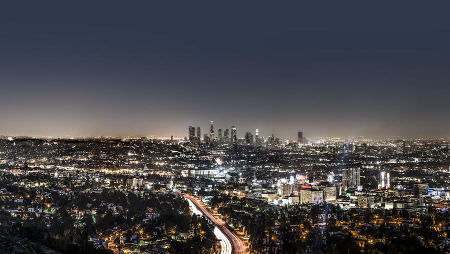 LA downtown from Mulholland at night Photograph by Howard Kingsnorth