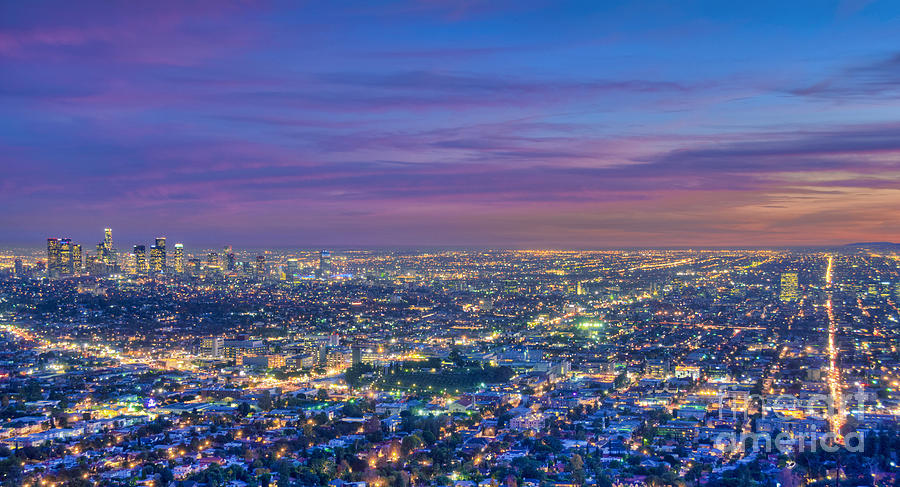Los Angeles Photograph - LA Fiery Sunset Cityscape Skyline by David Zanzinger