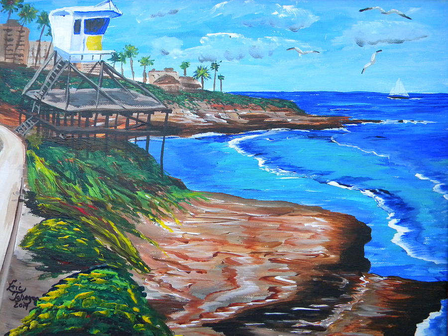 La Jolla Coast with Life Guard Tower Painting by Eric Johansen