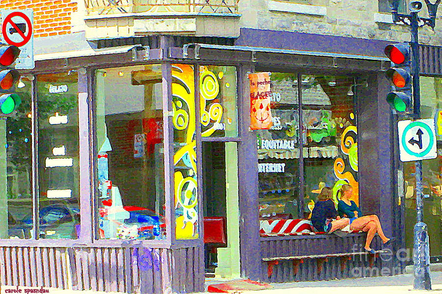 La Peche Glace Ice Cream Shop Two Girls Sit At Window Bench Mont Royal Cafe Scene Carole Spandau Painting by Carole Spandau