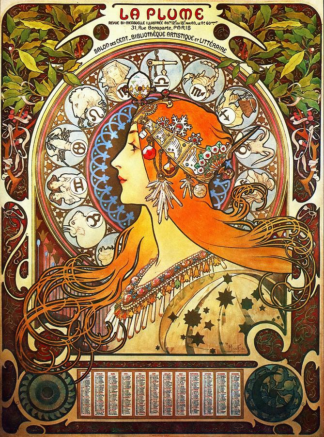 Alphonse Mucha Painting - La Plume Zodiac by Alphonse Mucha