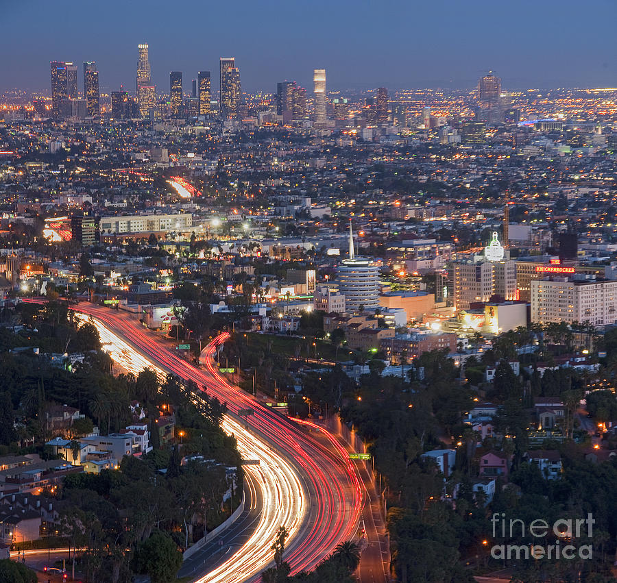L.A. Skyline Dusk lit beautiful los Angeles CA 2 Photograph by David Zanzinger