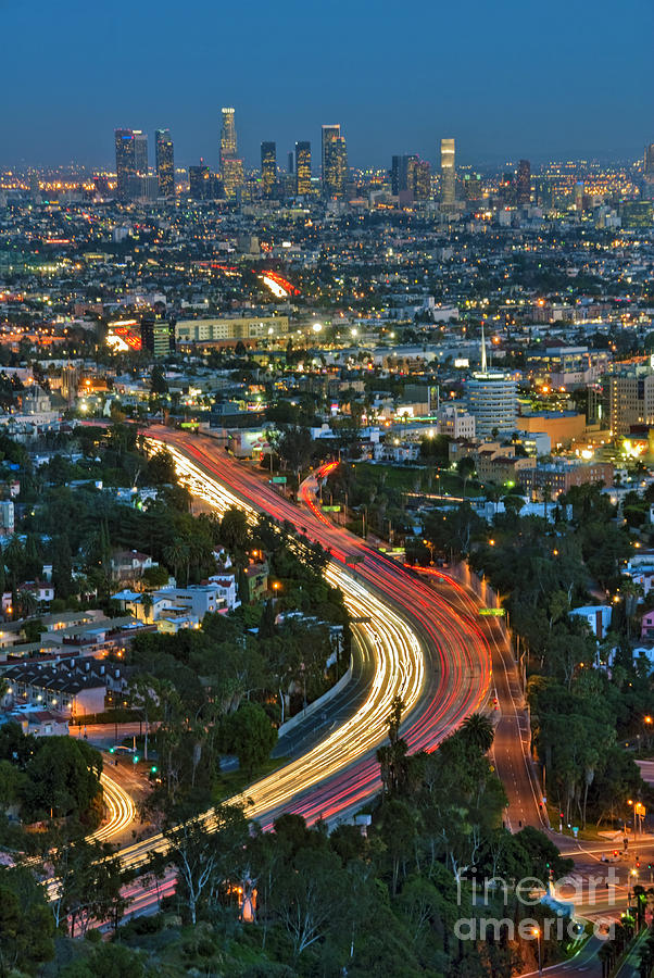 LA Skyline Night Magic Hour dusk streaking tail lights Freeway Photograph by David Zanzinger