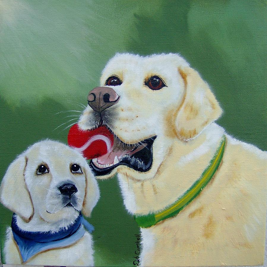 Lab Pup Learning From Dad Painting by Debra Campbell