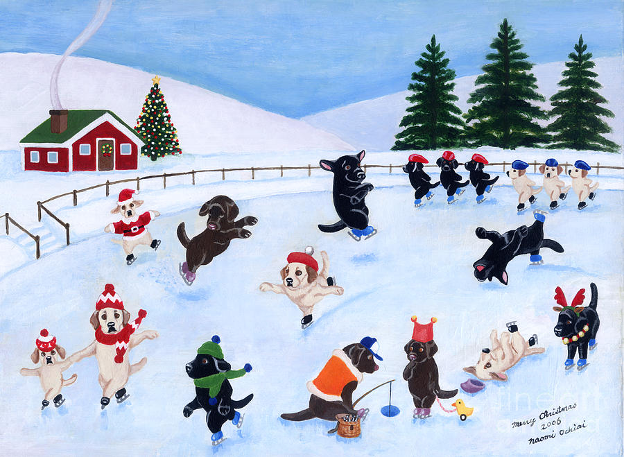 Labrador Christmas Ice Skating Painting by Naomi Ochiai