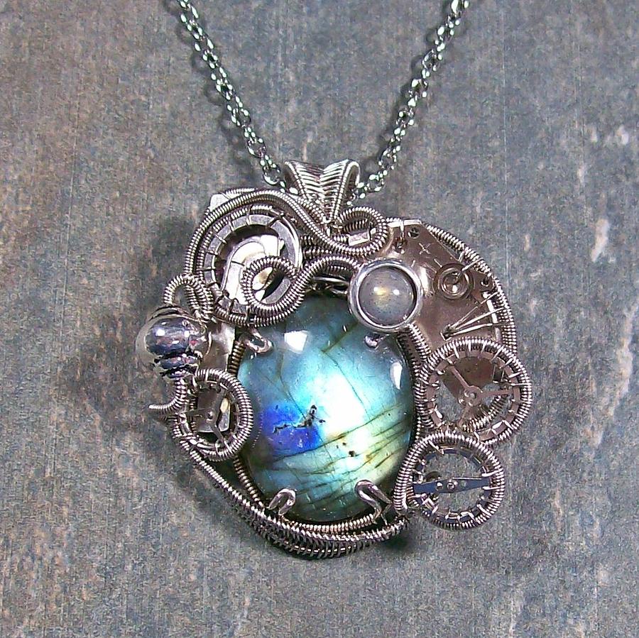 Necklace Jewelry - Labradorite and Dark Silver Steampunk Pendant by Heather Jordan