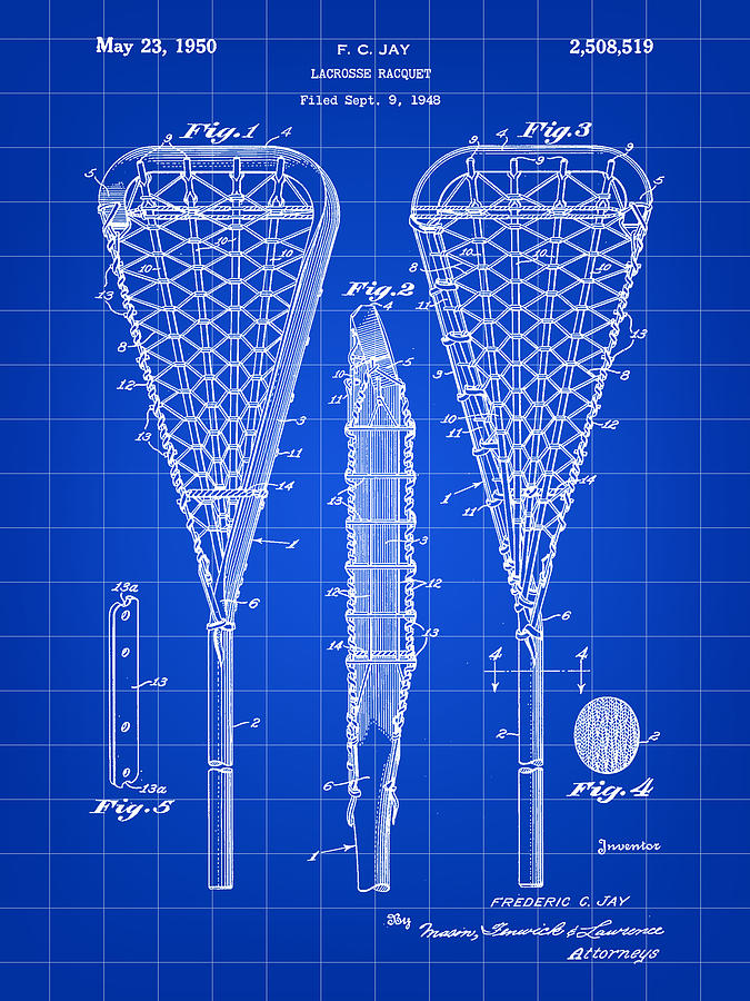 Sports Digital Art - Lacrosse Stick Patent 1948 - Blue by Stephen Younts