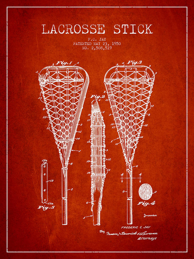 Vintage Digital Art - Lacrosse Stick Patent from 1950- Red by Aged Pixel