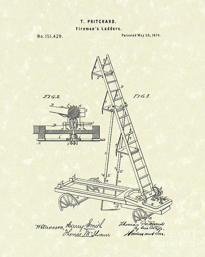 Ladder 1874 Patent Art Drawing by Prior Art Design