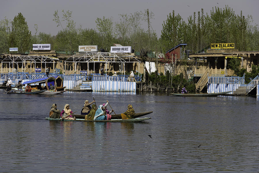 Tree Photograph - Ladies on 2 wooden boats on the Dal Lake by Ashish Agarwal