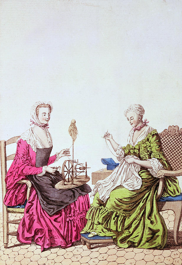 Female Photograph - Ladies Spinning And Sewing, C.1765 Colour Engraving by .