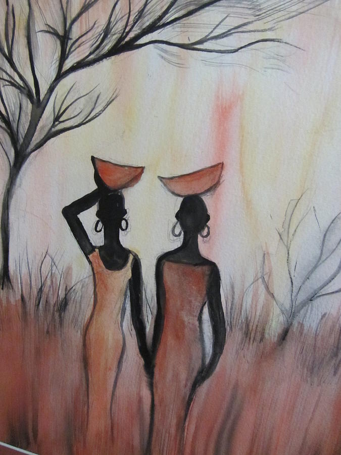 Ladies Walking in the Fields in Kenya Painting by Lucille  Valentino