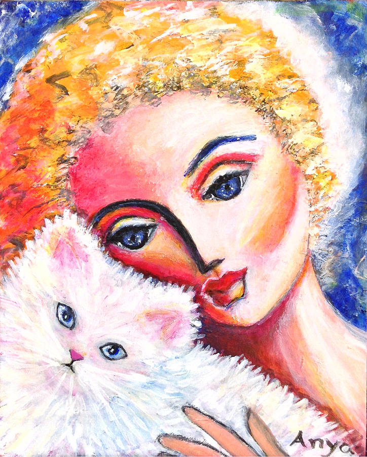 Lady and White Persian Cat Painting by Anya Heller