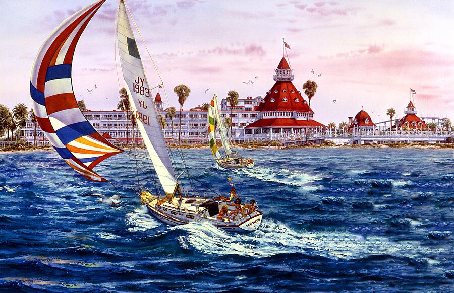 California Artist Painting - San Diego, HOTEL DEL CORONADO  SAILING by John YATO