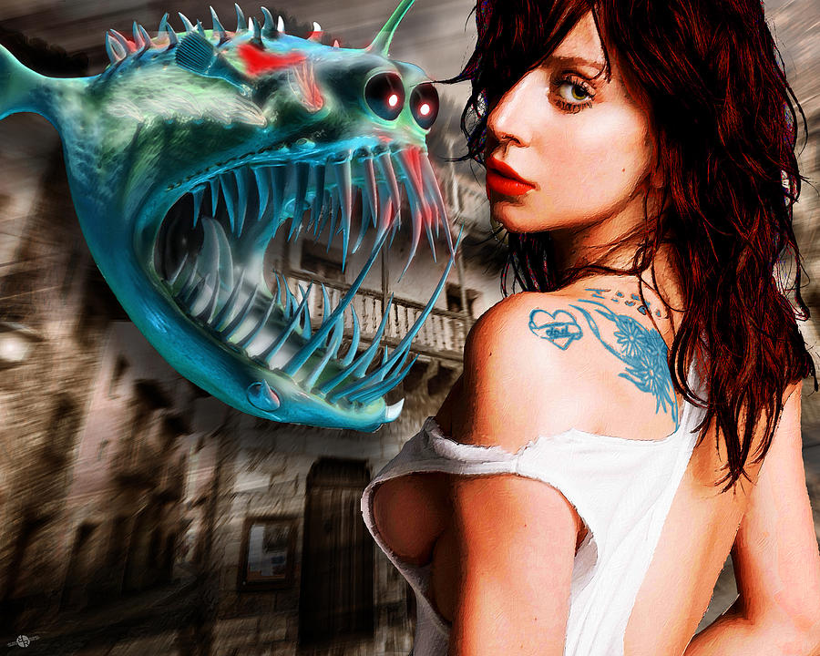 Lady Gaga And Angler Fish Painting by Tony Rubino