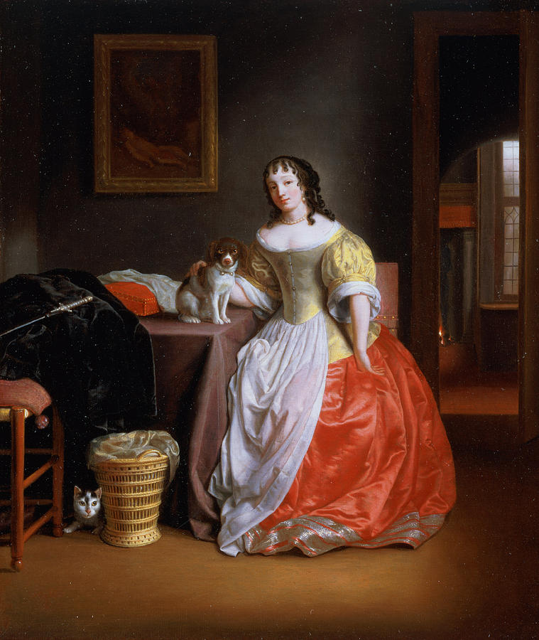 Cat Photograph - Lady In A Yellow And Red Dress by Samuel van Hoogstraten