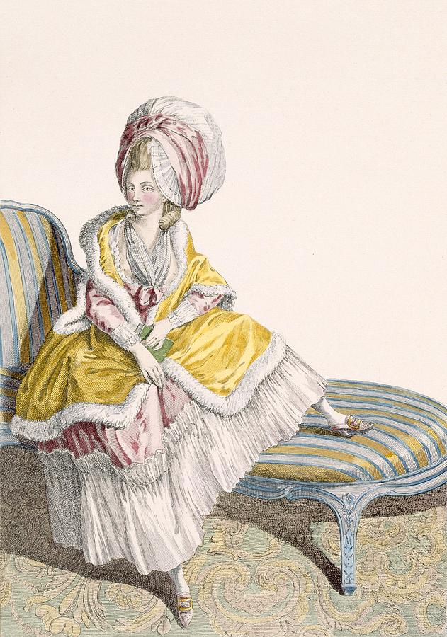 Lady In Morning Gown In Lemon And Pink Drawing by Claude Louis Desrais