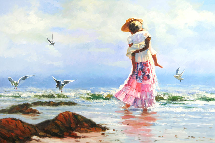 Bird Painting - Lady In Pink Dress Playing By The Sea by Unknown