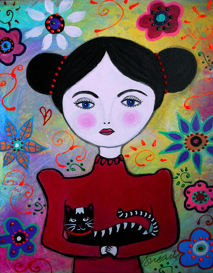 Flower Painting - Lady In Red And Her Cat by Pristine Cartera Turkus