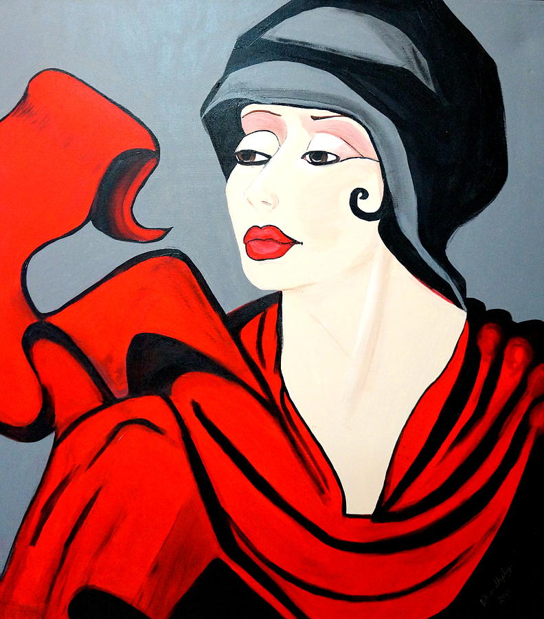 Lady In Red  Art Deco Painting by Nora Shepley