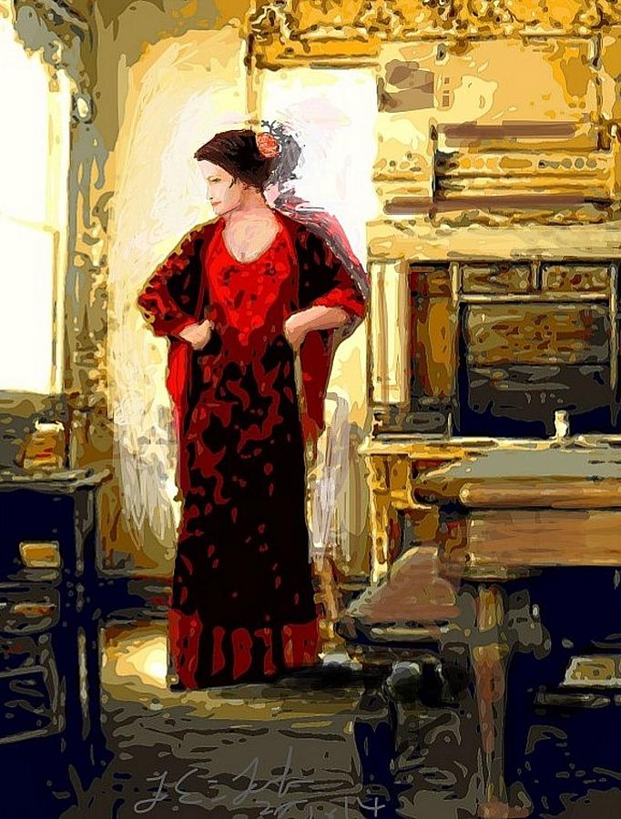 Case Painting - Lady in red prints posters by Larry Lamb
