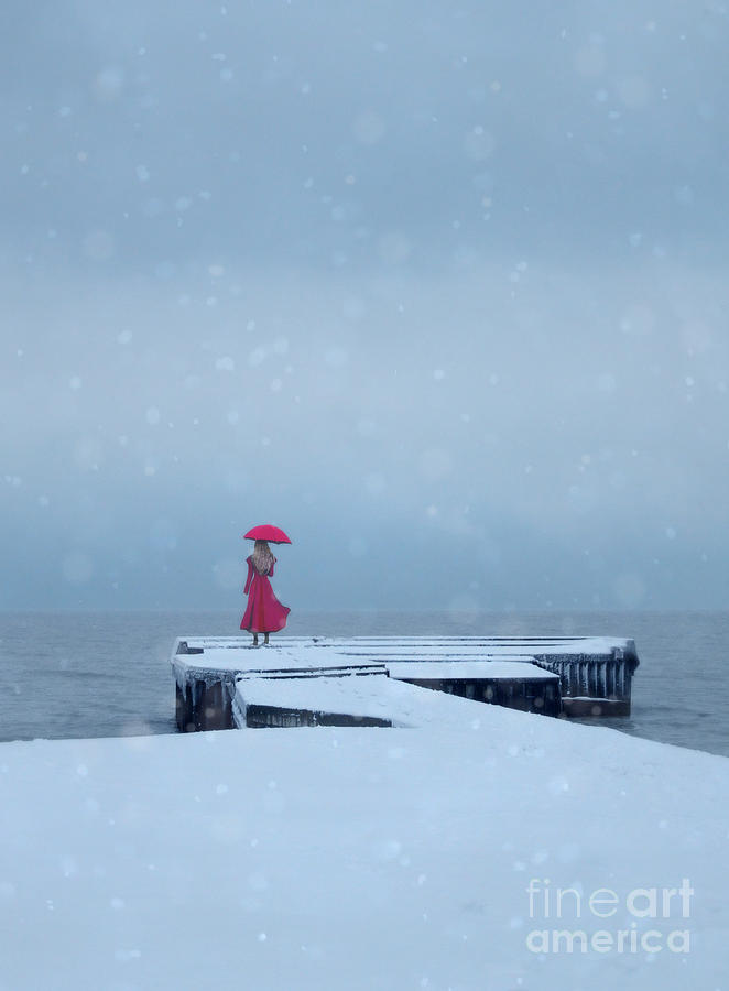 Winter Photograph - Lady in Red on Snowy Pier by Jill Battaglia