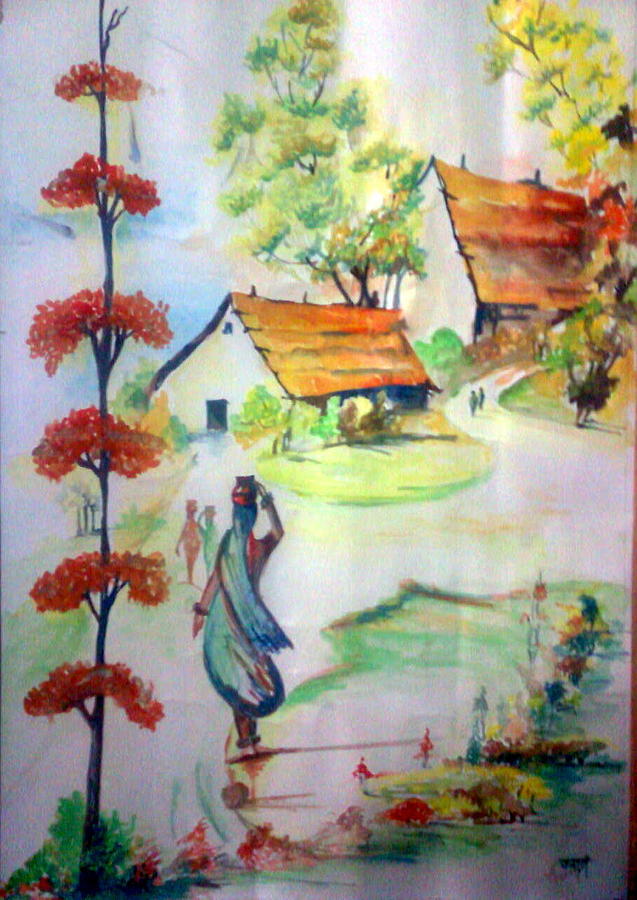 Tree Painting - Lady in village carrying water - Close to nature by Tanaya Chaudhuri