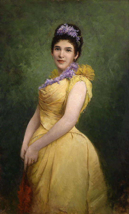 Lady in yellow dress and lilac in her hair Painting by Adolf Echtler