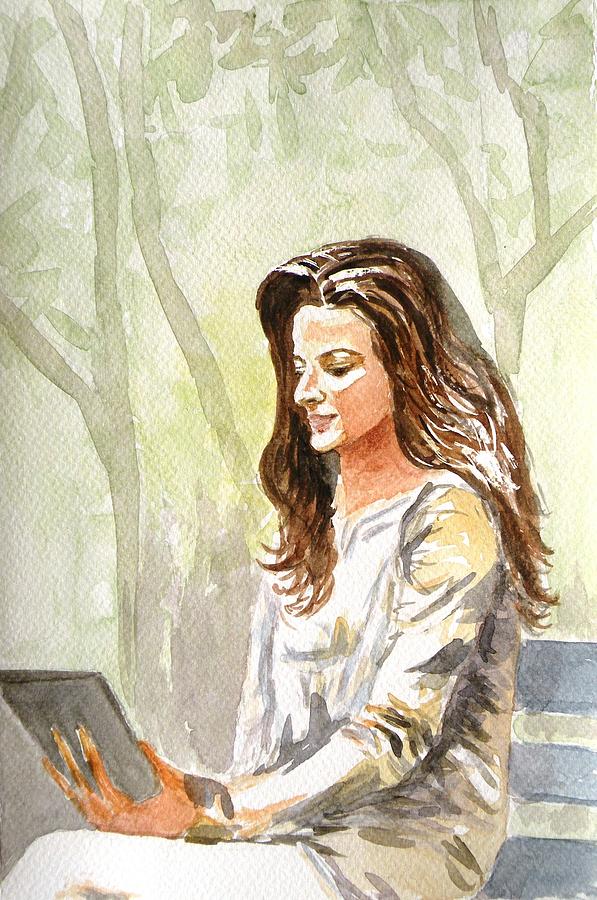 Lady on a park bench Painting by Uma Krishnamoorthy