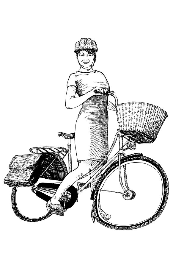 Pen Drawing - Lady on Bike by Karl Addison