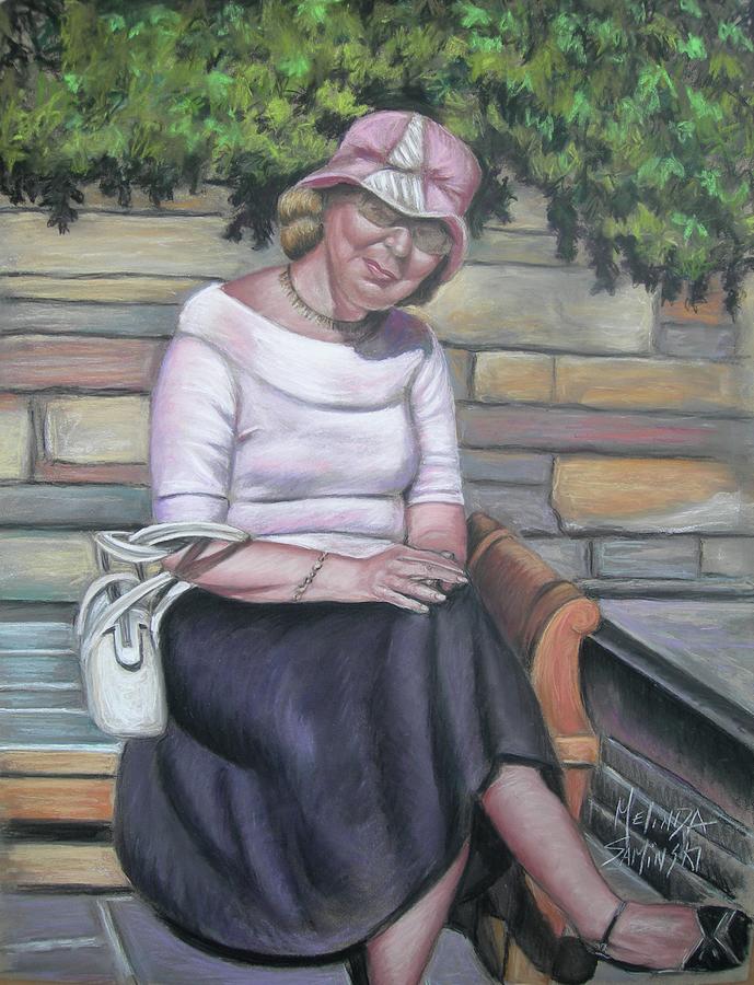 Lady Sitting on a Bench with Pink Hat Painting by Melinda Saminski