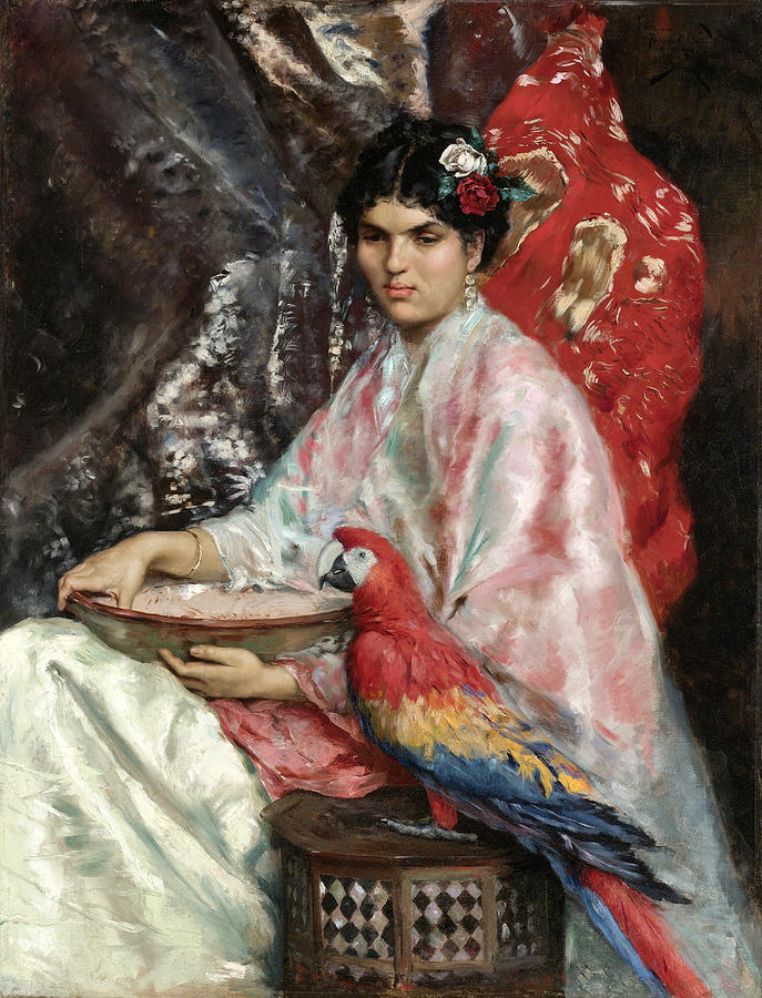 Pink Painting - Lady with a Parrot by Julius LeBlanc Stewart.