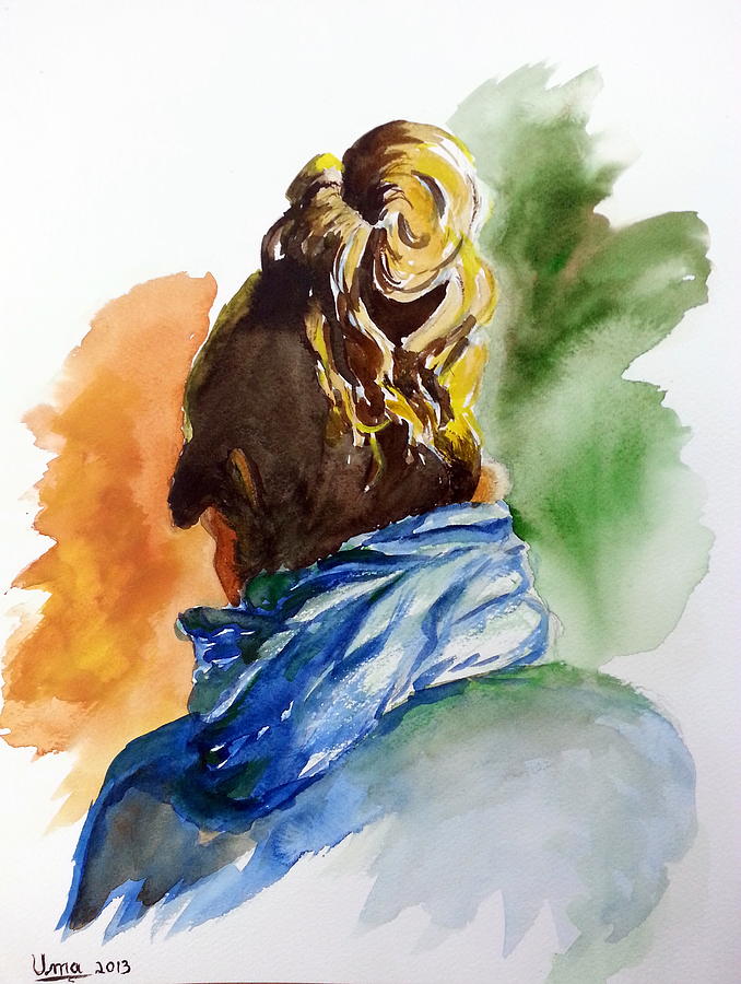 Lady with a scarf Painting by Uma Krishnamoorthy